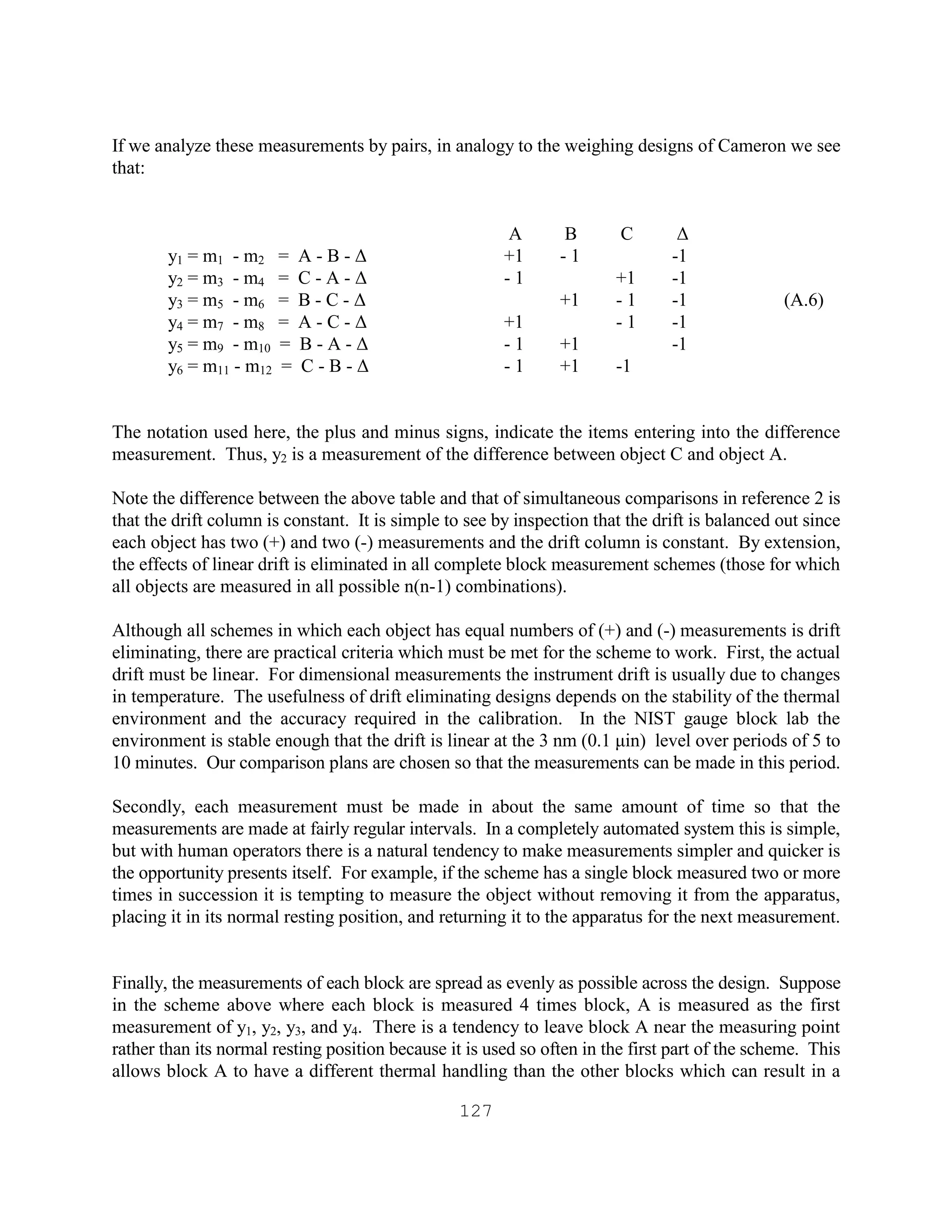 127
If we analyze these measurements by pairs, in analogy to the weighing designs of Cameron we see
that:
A B C ∆
y1 = m1 - m2 = A - B - ∆ +1 - 1 -1
y2 = m3 - m4 = C - A - ∆ - 1 +1 -1
y3 = m5 - m6 = B - C - ∆ +1 - 1 -1 (A.6)
y4 = m7 - m8 = A - C - ∆ +1 - 1 -1
y5 = m9 - m10 = B - A - ∆ - 1 +1 -1
y6 = m11 - m12 = C - B - ∆ - 1 +1 -1
The notation used here, the plus and minus signs, indicate the items entering into the difference
measurement. Thus, y2 is a measurement of the difference between object C and object A.
Note the difference between the above table and that of simultaneous comparisons in reference 2 is
that the drift column is constant. It is simple to see by inspection that the drift is balanced out since
each object has two (+) and two (-) measurements and the drift column is constant. By extension,
the effects of linear drift is eliminated in all complete block measurement schemes (those for which
all objects are measured in all possible n(n-1) combinations).
Although all schemes in which each object has equal numbers of (+) and (-) measurements is drift
eliminating, there are practical criteria which must be met for the scheme to work. First, the actual
drift must be linear. For dimensional measurements the instrument drift is usually due to changes
in temperature. The usefulness of drift eliminating designs depends on the stability of the thermal
environment and the accuracy required in the calibration. In the NIST gauge block lab the
environment is stable enough that the drift is linear at the 3 nm (0.1 µin) level over periods of 5 to
10 minutes. Our comparison plans are chosen so that the measurements can be made in this period.
Secondly, each measurement must be made in about the same amount of time so that the
measurements are made at fairly regular intervals. In a completely automated system this is simple,
but with human operators there is a natural tendency to make measurements simpler and quicker is
the opportunity presents itself. For example, if the scheme has a single block measured two or more
times in succession it is tempting to measure the object without removing it from the apparatus,
placing it in its normal resting position, and returning it to the apparatus for the next measurement.
Finally, the measurements of each block are spread as evenly as possible across the design. Suppose
in the scheme above where each block is measured 4 times block, A is measured as the first
measurement of y1, y2, y3, and y4. There is a tendency to leave block A near the measuring point
rather than its normal resting position because it is used so often in the first part of the scheme. This
allows block A to have a different thermal handling than the other blocks which can result in a
 