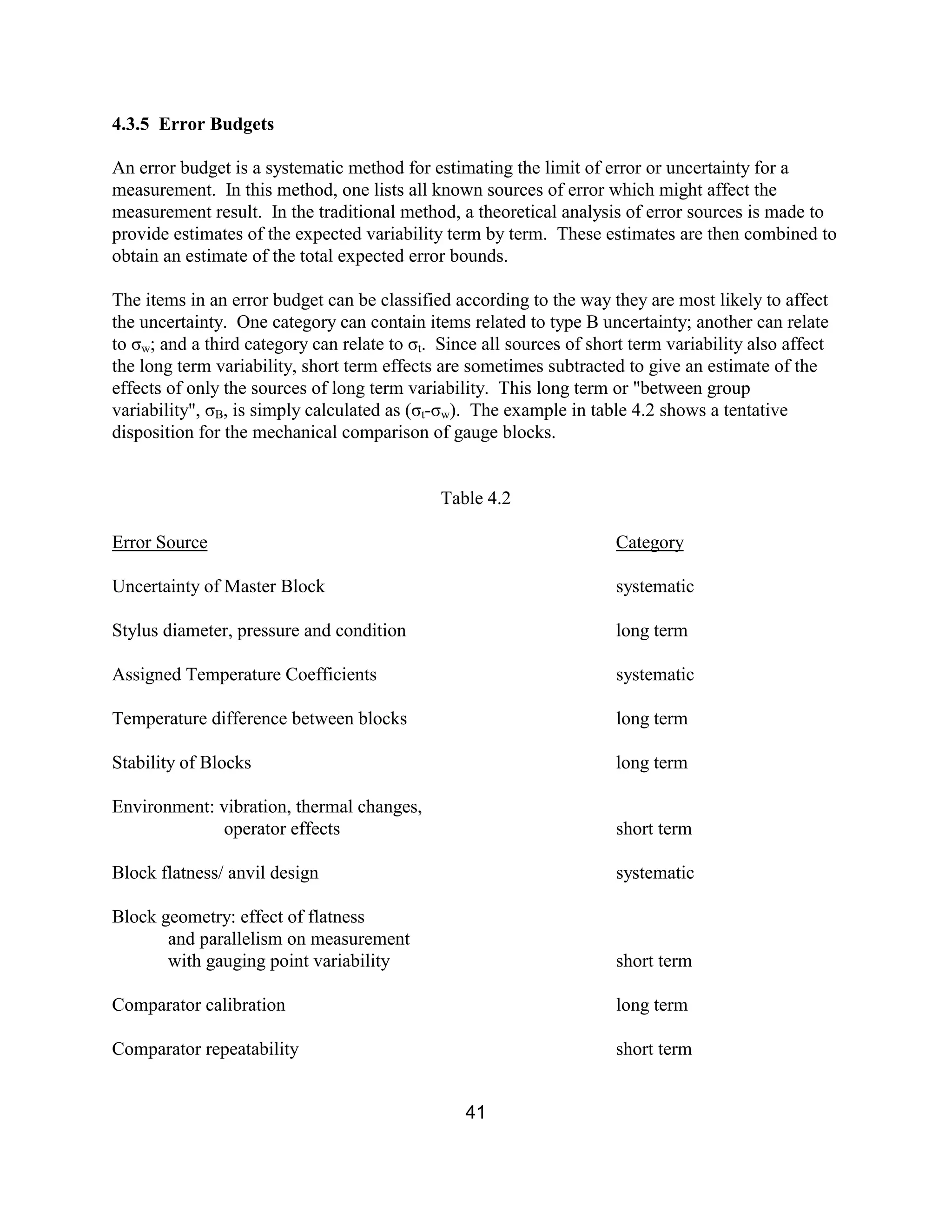 41
4.3.5 Error Budgets
An error budget is a systematic method for estimating the limit of error or uncertainty for a
measurement. In this method, one lists all known sources of error which might affect the
measurement result. In the traditional method, a theoretical analysis of error sources is made to
provide estimates of the expected variability term by term. These estimates are then combined to
obtain an estimate of the total expected error bounds.
The items in an error budget can be classified according to the way they are most likely to affect
the uncertainty. One category can contain items related to type B uncertainty; another can relate
to σw; and a third category can relate to σt. Since all sources of short term variability also affect
the long term variability, short term effects are sometimes subtracted to give an estimate of the
effects of only the sources of long term variability. This long term or "between group
variability", σB, is simply calculated as (σt-σw). The example in table 4.2 shows a tentative
disposition for the mechanical comparison of gauge blocks.
Table 4.2
Error Source Category
Uncertainty of Master Block systematic
Stylus diameter, pressure and condition long term
Assigned Temperature Coefficients systematic
Temperature difference between blocks long term
Stability of Blocks long term
Environment: vibration, thermal changes,
operator effects short term
Block flatness/ anvil design systematic
Block geometry: effect of flatness
and parallelism on measurement
with gauging point variability short term
Comparator calibration long term
Comparator repeatability short term
 