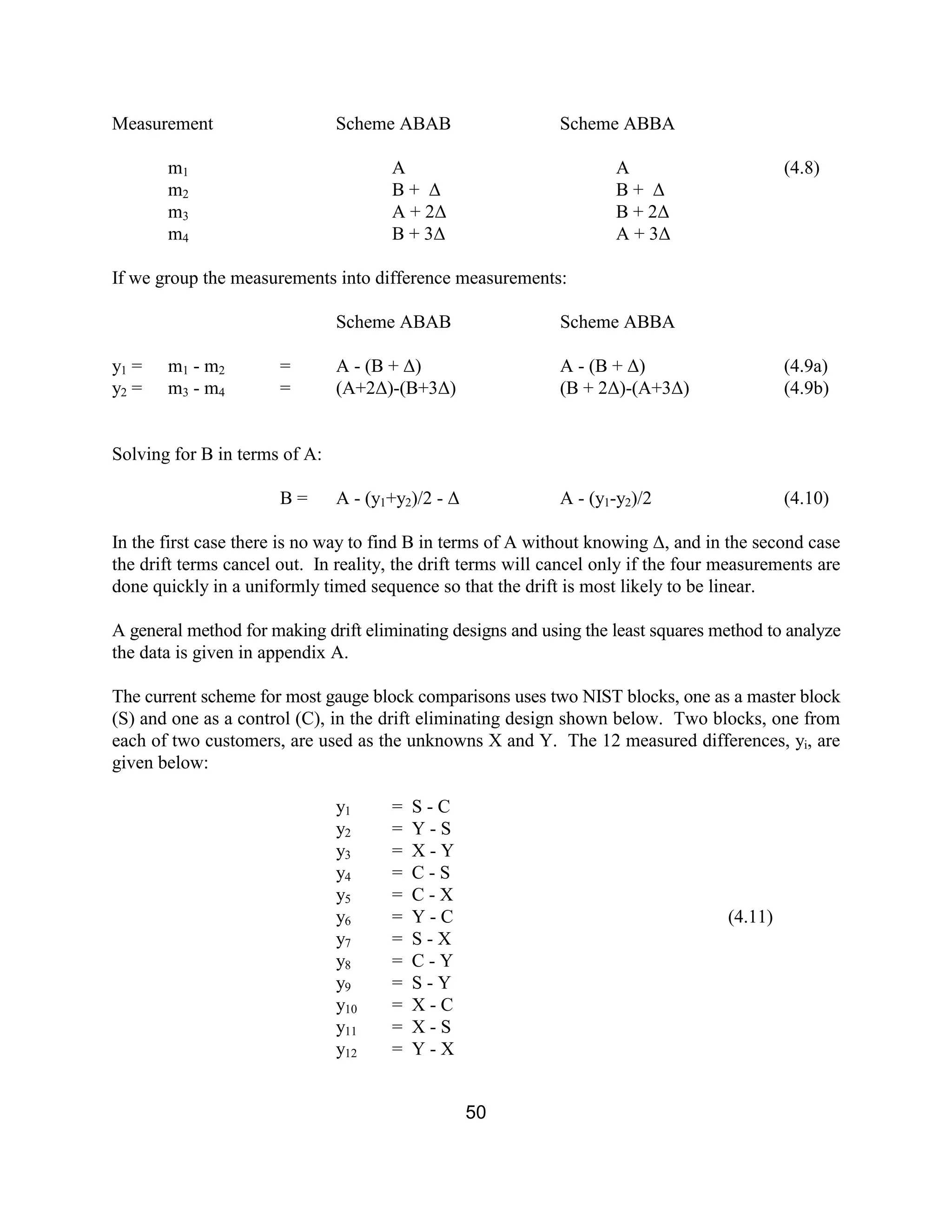 50
Measurement Scheme ABAB Scheme ABBA
m1 A A (4.8)
m2 B + ∆ B + ∆
m3 A + 2∆ B + 2∆
m4 B + 3∆ A + 3∆
If we group the measurements into difference measurements:
Scheme ABAB Scheme ABBA
y1 = m1 - m2 = A - (B + ∆) A - (B + ∆) (4.9a)
y2 = m3 - m4 = (A+2∆)-(B+3∆) (B + 2∆)-(A+3∆) (4.9b)
Solving for B in terms of A:
B = A - (y1+y2)/2 - ∆ A - (y1-y2)/2 (4.10)
In the first case there is no way to find B in terms of A without knowing ∆, and in the second case
the drift terms cancel out. In reality, the drift terms will cancel only if the four measurements are
done quickly in a uniformly timed sequence so that the drift is most likely to be linear.
A general method for making drift eliminating designs and using the least squares method to analyze
the data is given in appendix A.
The current scheme for most gauge block comparisons uses two NIST blocks, one as a master block
(S) and one as a control (C), in the drift eliminating design shown below. Two blocks, one from
each of two customers, are used as the unknowns X and Y. The 12 measured differences, yi, are
given below:
y1 = S - C
y2 = Y - S
y3 = X - Y
y4 = C - S
y5 = C - X
y6 = Y - C (4.11)
y7 = S - X
y8 = C - Y
y9 = S - Y
y10 = X - C
y11 = X - S
y12 = Y - X
 