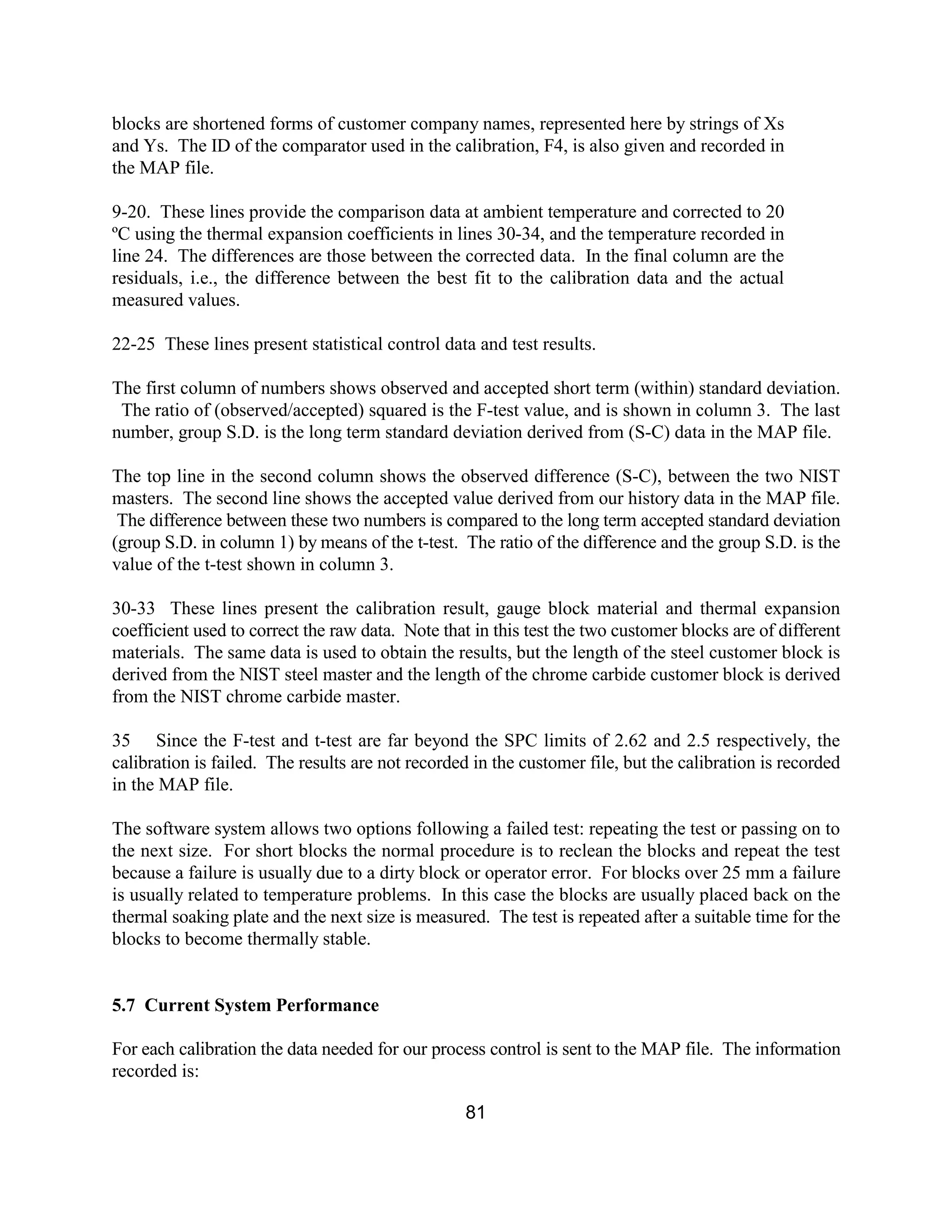 81
blocks are shortened forms of customer company names, represented here by strings of Xs
and Ys. The ID of the comparator used in the calibration, F4, is also given and recorded in
the MAP file.
9-20. These lines provide the comparison data at ambient temperature and corrected to 20
ºC using the thermal expansion coefficients in lines 30-34, and the temperature recorded in
line 24. The differences are those between the corrected data. In the final column are the
residuals, i.e., the difference between the best fit to the calibration data and the actual
measured values.
22-25 These lines present statistical control data and test results.
The first column of numbers shows observed and accepted short term (within) standard deviation.
The ratio of (observed/accepted) squared is the F-test value, and is shown in column 3. The last
number, group S.D. is the long term standard deviation derived from (S-C) data in the MAP file.
The top line in the second column shows the observed difference (S-C), between the two NIST
masters. The second line shows the accepted value derived from our history data in the MAP file.
The difference between these two numbers is compared to the long term accepted standard deviation
(group S.D. in column 1) by means of the t-test. The ratio of the difference and the group S.D. is the
value of the t-test shown in column 3.
30-33 These lines present the calibration result, gauge block material and thermal expansion
coefficient used to correct the raw data. Note that in this test the two customer blocks are of different
materials. The same data is used to obtain the results, but the length of the steel customer block is
derived from the NIST steel master and the length of the chrome carbide customer block is derived
from the NIST chrome carbide master.
35 Since the F-test and t-test are far beyond the SPC limits of 2.62 and 2.5 respectively, the
calibration is failed. The results are not recorded in the customer file, but the calibration is recorded
in the MAP file.
The software system allows two options following a failed test: repeating the test or passing on to
the next size. For short blocks the normal procedure is to reclean the blocks and repeat the test
because a failure is usually due to a dirty block or operator error. For blocks over 25 mm a failure
is usually related to temperature problems. In this case the blocks are usually placed back on the
thermal soaking plate and the next size is measured. The test is repeated after a suitable time for the
blocks to become thermally stable.
5.7 Current System Performance
For each calibration the data needed for our process control is sent to the MAP file. The information
recorded is:
 