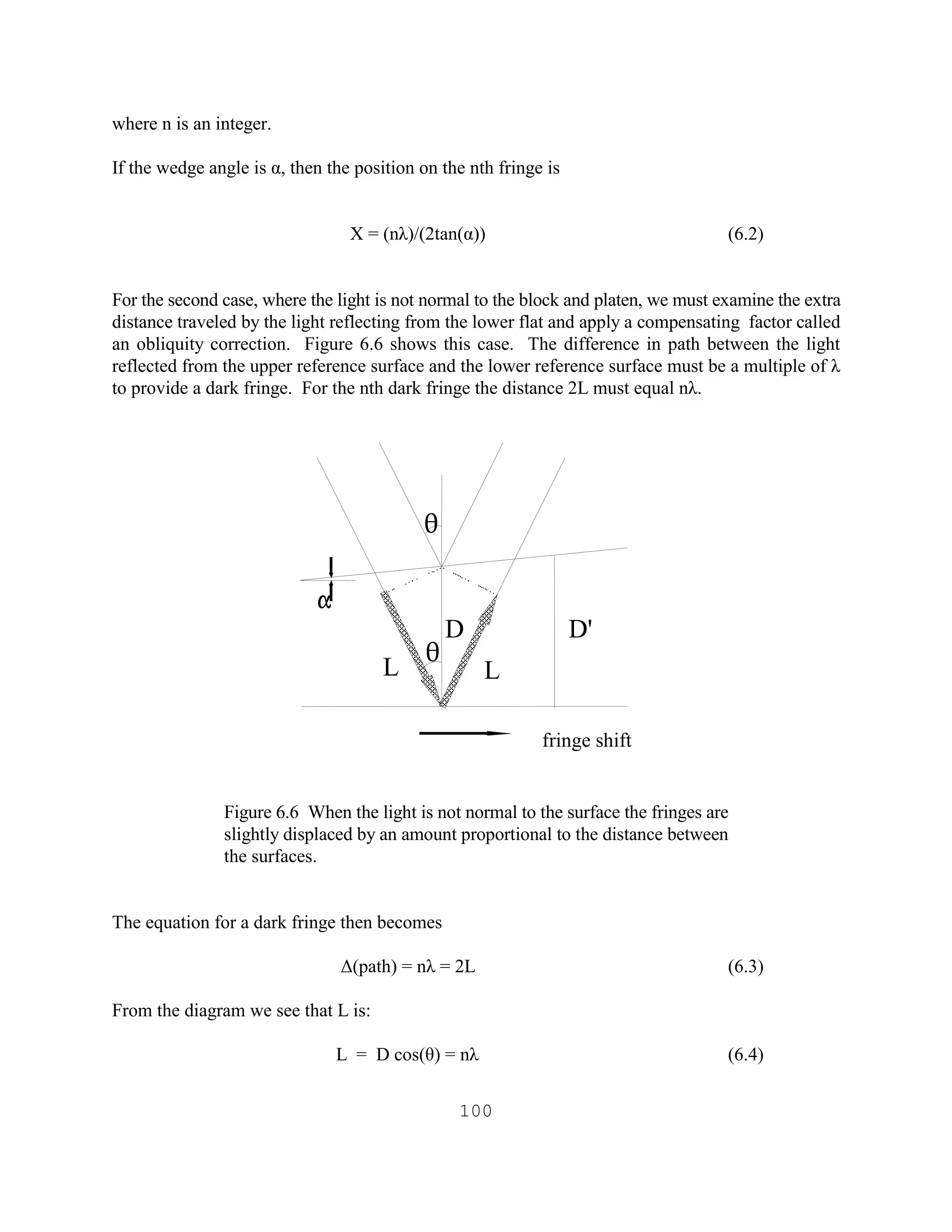 100
where n is an integer.
If the wedge angle is α, then the position on the nth fringe is
X = (nλ)/(2tan(α)) (6.2)
For the second case, where the light is not normal to the block and platen, we must examine the extra
distance traveled by the light reflecting from the lower flat and apply a compensating factor called
an obliquity correction. Figure 6.6 shows this case. The difference in path between the light
reflected from the upper reference surface and the lower reference surface must be a multiple of λ
to provide a dark fringe. For the nth dark fringe the distance 2L must equal nλ.
Figure 6.6 When the light is not normal to the surface the fringes are
slightly displaced by an amount proportional to the distance between
the surfaces.
The equation for a dark fringe then becomes
∆(path) = nλ = 2L (6.3)
From the diagram we see that L is:
L = D cos(θ) = nλ (6.4)
2
2
D
L L
"
D'
fringe shift
 