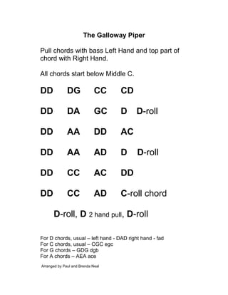 The Galloway Piper
Pull chords with bass Left Hand and top part of
chord with Right Hand.
All chords start below Middle C.
DD DG CC CD
DD DA GC D D-roll
DD AA DD AC
DD AA AD D D-roll
DD CC AC DD
DD CC AD C-roll chord
D-roll, D 2 hand pull, D-roll
For D chords, usual – left hand - DAD right hand - fad
For C chords, usual – CGC egc
For G chords – GDG dgb
For A chords – AEA ace
Arranged by Paul and Brenda Neal
 