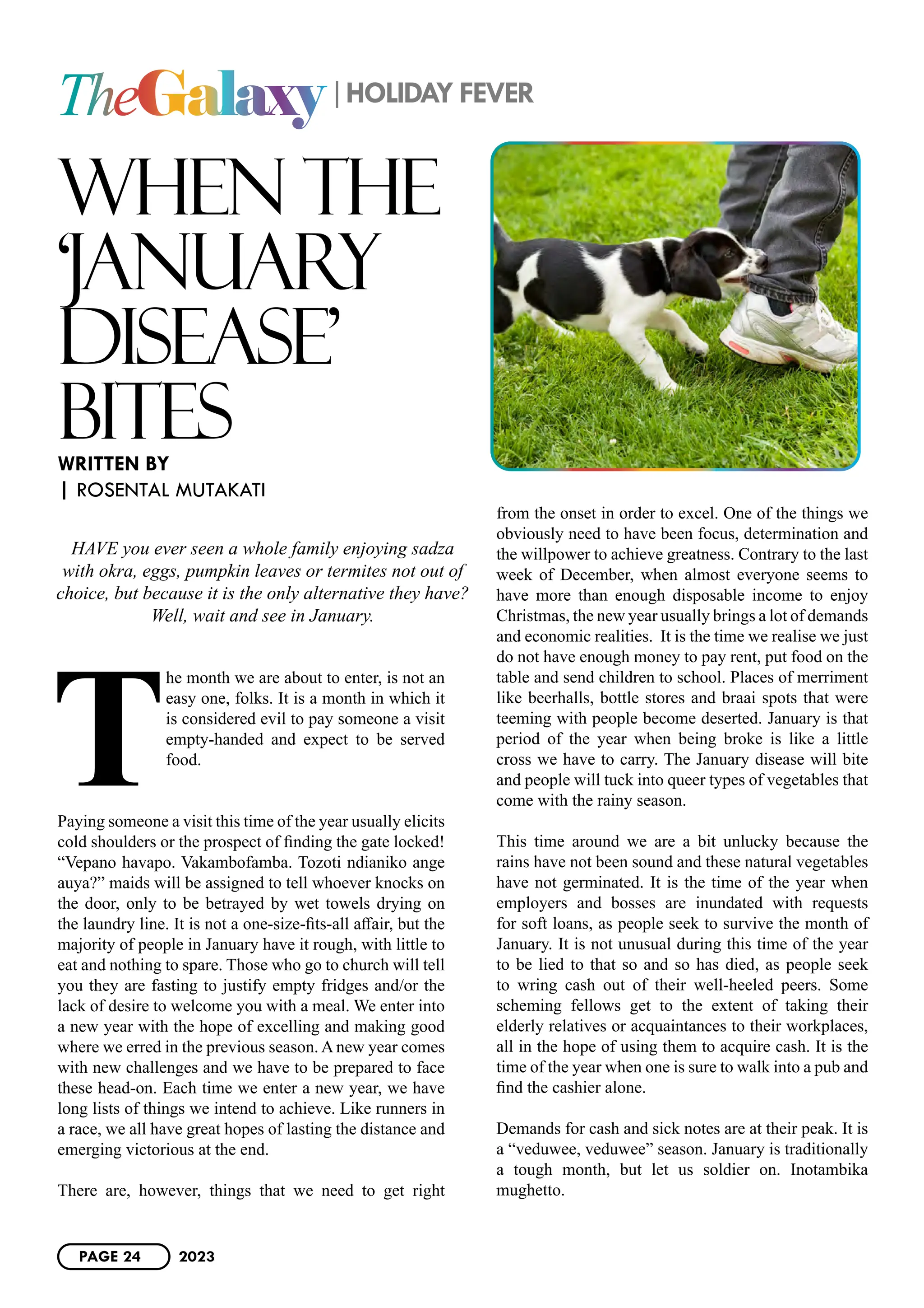 WHEN THE
‘JANUAR
Y
DISEASE’
BITES
HAVE you ever seen a whole family enjoying sadza
with okra, eggs, pumpkin leaves or termites not out of
choice, but because it is the only alternative they have?
Well, wait and see in January.
T
he month we are about to enter, is not an
easy one, folks. It is a month in which it
is considered evil to pay someone a visit
empty-handed and expect to be served
food.
Paying someone a visit this time of the year usually elicits
cold shoulders or the prospect of finding the gate locked!
“Vepano havapo. Vakambofamba. Tozoti ndianiko ange
auya?” maids will be assigned to tell whoever knocks on
the door, only to be betrayed by wet towels drying on
the laundry line. It is not a one-size-fits-all affair, but the
majority of people in January have it rough, with little to
eat and nothing to spare. Those who go to church will tell
you they are fasting to justify empty fridges and/or the
lack of desire to welcome you with a meal. We enter into
a new year with the hope of excelling and making good
where we erred in the previous season. A new year comes
with new challenges and we have to be prepared to face
these head-on. Each time we enter a new year, we have
long lists of things we intend to achieve. Like runners in
a race, we all have great hopes of lasting the distance and
emerging victorious at the end.
There are, however, things that we need to get right
from the onset in order to excel. One of the things we
obviously need to have been focus, determination and
the willpower to achieve greatness. Contrary to the last
week of December, when almost everyone seems to
have more than enough disposable income to enjoy
Christmas, the new year usually brings a lot of demands
and economic realities. It is the time we realise we just
do not have enough money to pay rent, put food on the
table and send children to school. Places of merriment
like beerhalls, bottle stores and braai spots that were
teeming with people become deserted. January is that
period of the year when being broke is like a little
cross we have to carry. The January disease will bite
and people will tuck into queer types of vegetables that
come with the rainy season.
This time around we are a bit unlucky because the
rains have not been sound and these natural vegetables
have not germinated. It is the time of the year when
employers and bosses are inundated with requests
for soft loans, as people seek to survive the month of
January. It is not unusual during this time of the year
to be lied to that so and so has died, as people seek
to wring cash out of their well-heeled peers. Some
scheming fellows get to the extent of taking their
elderly relatives or acquaintances to their workplaces,
all in the hope of using them to acquire cash. It is the
time of the year when one is sure to walk into a pub and
find the cashier alone.
Demands for cash and sick notes are at their peak. It is
a “veduwee, veduwee” season. January is traditionally
a tough month, but let us soldier on. Inotambika
mughetto.
WRITTEN BY
| ROSENTAL MUTAKATI
TheGalaxy HOLIDAY FEVER
PAGE 24 2023
 