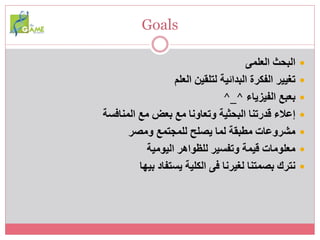 Goals
‫العلمى‬ ‫البحث‬
‫العلم‬ ‫لتلقين‬ ‫البدائية‬ ‫الفكرة‬ ‫تغيير‬
‫الفيزياء‬ ‫بعبع‬^_^
‫المنافسة‬ ‫مع‬ ‫بعض‬ ‫مع‬ ‫وتعاونا‬ ‫البحثية‬ ‫قدرتنا‬ ‫إعالء‬
‫ومصر‬ ‫للمجتمع‬ ‫يصلح‬ ‫لما‬ ‫مطبقة‬ ‫مشروعات‬
‫اليومية‬ ‫للظواهر‬ ‫وتفسير‬ ‫قيمة‬ ‫معلومات‬
‫بيها‬ ‫يستفاد‬ ‫الكلية‬ ‫فى‬ ‫لغيرنا‬ ‫بصمتنا‬ ‫نترك‬
 