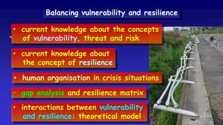`
• current knowledge about the concepts
of vulnerability, threat and risk
• current knowledge about
the concept of resilience
• human organisation in crisis situations
• gap analysis and resilience matrix
• interactions between vulnerability
and resilience: theoretical model.
Balancing vulnerability and resilience
 