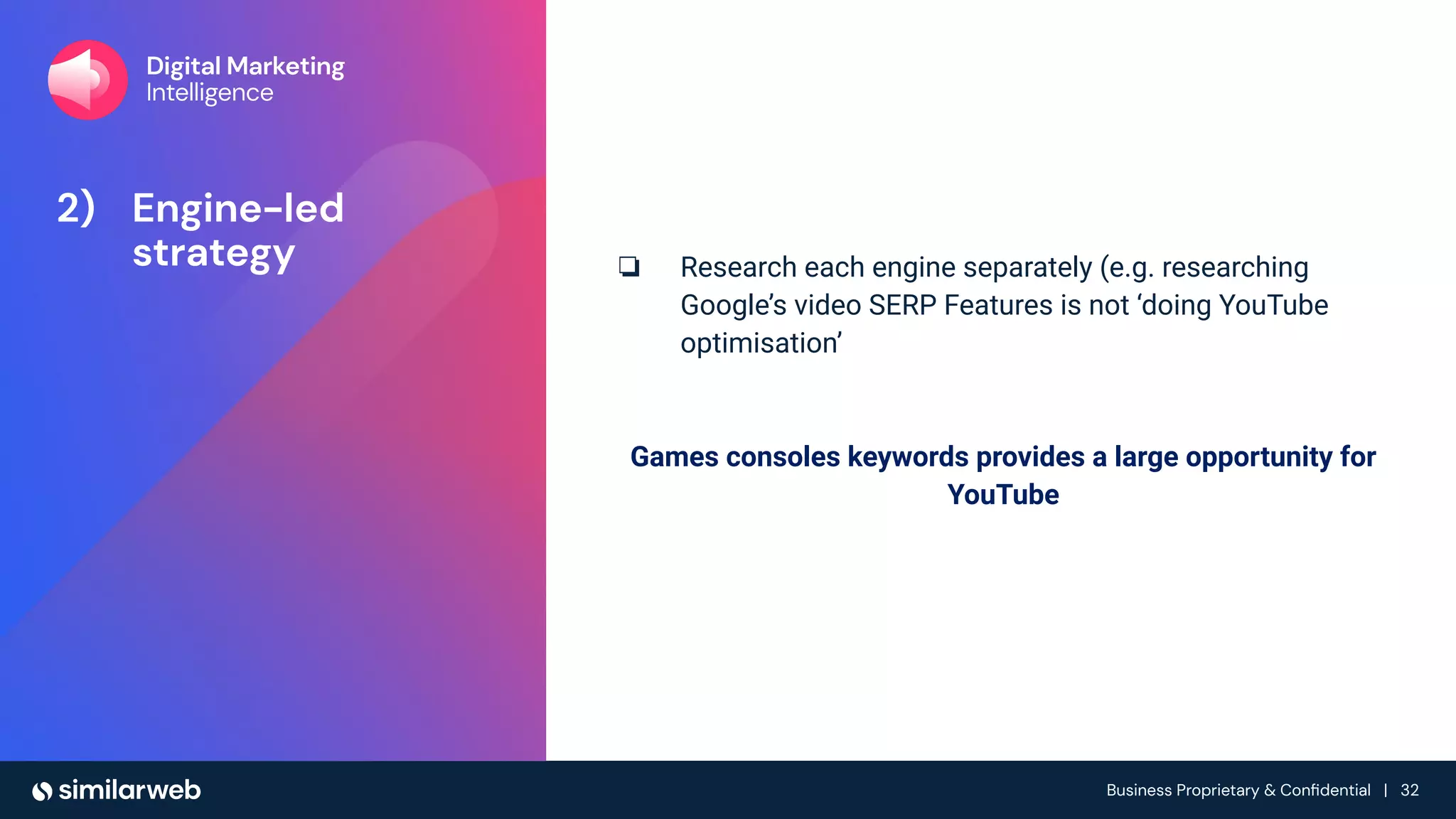 Business Proprietary & Conﬁdential | 32
2) Engine-led
strategy ❏ Research each engine separately (e.g. researching
Google’s video SERP Features is not ‘doing YouTube
optimisation’
Games consoles keywords provides a large opportunity for
YouTube
 