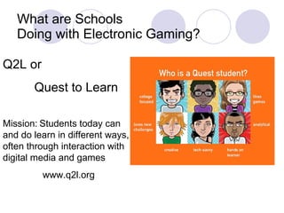 What are Schools  Doing with Electronic Gaming? Q2L or  Quest to Learn Mission:   Students today can and do learn in different ways, often through interaction with digital media and games  www.q2l.org 