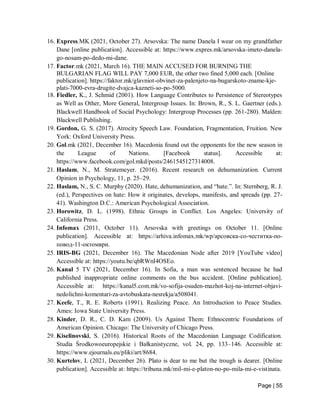 Page | 55
16. Express.MK (2021, October 27). Arsovska: The name Danela I wear on my grandfather
Dane [online publication]. Accessible at: https://www.expres.mk/arsovska-imeto-danela-
go-nosam-po-dedo-mi-dane.
17. Factor.mk (2021, March 16). THE MAIN ACCUSED FOR BURNING THE
BULGARIAN FLAG WILL PAY 7,000 EUR, the other two fined 5,000 each. [Online
publication]. https://faktor.mk/glavniot-obvinet-za-palenjeto-na-bugarskoto-zname-kje-
plati-7000-evra-drugite-dvajca-kazneti-so-po-5000.
18. Fiedler, K., J. Schmid (2001). How Language Contributes to Persistence of Stereotypes
as Well as Other, More General, Intergroup Issues. In: Brown, R., S. L. Gaertner (eds.).
Blackwell Handbook of Social Psychology: Intergroup Processes (pp. 261-280). Malden:
Blackwell Publishing.
19. Gordon, G. S. (2017). Atrocity Speech Law. Foundation, Fragmentation, Fruition. New
York: Oxford University Press.
20. Gol.mk (2021, December 16). Macedonia found out the opponents for the new season in
the League of Nations. [Facebook status]. Accessible at:
https://www.facebook.com/gol.mkd/posts/2461545127314008.
21. Haslam, N., M. Stratemeyer. (2016). Recent research on dehumanization. Current
Opinion in Psychology, 11, p. 25–29.
22. Haslam, N., S. C. Murphy (2020). Hate, dehumanization, and “hate.”. In: Sternberg, R. J.
(ed.), Perspectives on hate: How it originates, develops, manifests, and spreads (pp. 27-
41). Washington D.C.: American Psychological Association.
23. Horowitz, D. L. (1998). Ethnic Groups in Conflict. Los Angeles: University of
California Press.
24. Infomax (2011, October 11). Arsovska with greetings on October 11. [Online
publication]. Accessible at: https://arhiva.infomax.mk/wp/арсовска-со-честитка-по-
пoвoд-11-октомври.
25. IRIS-BG (2021, December 16). The Macedonian Node after 2019 [YouTube video]
Accessible at: https://youtu.be/qbRWnI4OSEo.
26. Kanal 5 TV (2021, December 16). In Sofia, a man was sentenced because he had
published inappropriate online comments on the bus accident. [Online publication].
Accessible at: https://kanal5.com.mk/vo-sofija-osuden-mazhot-koj-na-internet-objavi-
nedolichni-komentari-za-avtobuskata-nesrekja/a508041.
27. Keefe, T., R. E. Roberts (1991). Realizing Peace. An Introduction to Peace Studies.
Ames: Iowa State University Press.
28. Kinder, D. R., C. D. Kam (2009). Us Against Them: Ethnocentric Foundations of
American Opinion. Chicago: The University of Chicago Press.
29. Kiselinovski, S. (2016). Historical Roots of the Macedonian Language Codification.
Studia Środkowoeuropejskie i Bałkanistyczne, vol. 24, pp. 133–146. Accessible at:
https://www.ejournals.eu/pliki/art/8684.
30. Kurtelov, L (2021, December 26). Plato is dear to me but the trough is dearer. [Online
publication]. Accessible at: https://tribuna.mk/mil-mi-e-platon-no-po-mila-mi-e-vistinata.
 