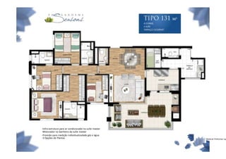 -Infra-estrutura para ar condicionado na suíte master
-Misturador no banheiro da suíte master
-Previsão para medição individualizadade gás e água
-3 Opções de Plantas                                    Material Preliminar suj
 