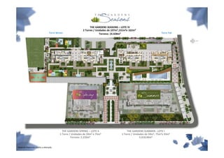 THE GARDENS SEASONS – LOTE IV
                                                               2 Torres / Unidades de 107m²,131m²e 162m²
                                    Torre Winter                             Terreno: 14.428m²                              Torre Fall




                                               THE GARDENS SPRING – LOTE II                      THE GARDENS SUMMER– LOTE I
                                             1 Torre / Unidades de 59m² e 75m²               1 Torre / Unidades de 59m², 75m²e 93m²
                                                      Terreno: 2.233m²                                      5.018,40m²


Material Preliminar sujeito a alteração.
 