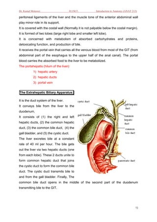Dr. Kamal Motawei                        H.I.M.T.         Introduction to Anatomy (ANAT 215)

peritoneal ligaments of the liver and the muscle tone of the anterior abdominal wall
play minor role in its support.
It is covered with the costal wall (Normally it is not palpable below the costal margin).
It is formed of two lobes (large right lobe and smaller left lobe).
It is concerned with metabolism of absorbed carbohydrates and proteins,
detoxicating function, and production of bile.
It receives the portal vein that carries all the venous blood from most of the GIT (from
abdominal part of the esophagus to the upper half of the anal canal). The portal
blood carries the absorbed food to the liver to be metabolized.
The portahepatis (hilum of the liver):
           1) hepatic artery
           2) hepatic ducts
           3) portal vein


The Extrahepatic Biliary Apparatus:

It is the duct system of the liver.
It conveys bile from the liver to the
duodenum.
It consists of (1) the right and left
hepatic ducts, (2) the common hepatic
duct, (3) the common bile duct, (4) the
gall bladder, and (5) the cystic duct.
The liver excretes bile at a constant
rate of 40 ml per hour. The bile gets
out the liver via two hepatic ducts (one
from each lobe). These 2 ducts unite to
form common hepatic duct that joins
the cystic duct to form the common bile
duct. The cystic duct transmits bile to
and from the gall bladder. Finally, The
common bile duct opens in the middle of the second part of the duodenum
transmitting bile to the GIT.




                                                                                          72
 