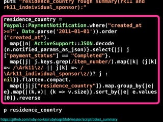 puts "residence_country rough summary(rk11 and
 rk11_indeividual_sponsor):"

 residence_country =
 Paypal::PaymentNotification.where("created_at
 >=?", Date.parse('2011-01-01')).order
 ("created_at").
   map{|n| ActiveSupport::JSON.decode
 (n.notified_params_as_json)}.select{|j| j
 ["payment_status"] == "Completed"}.
   map{|j| j.keys.grep(/item_number/).map{|k| (j[k]
 =~ /Ark11z/ || j[k] =~ /
 Ark11_individual_sponsorz/)? j :
 nil}}.flatten.compact.
   map{|j|j["residence_country"]}.map.group_by{|e|
 e}.map{|(k,v)| {k => v.size}}.sort_by{|e| e.values
 [0]}.reverse

 p residence_country
https://github.com/ruby-no-kai/rubykaigi/blob/master/script/ticket_summary
 