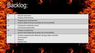 11 - Arte de escenarios
- Finalizar Animaciones
12 - Programación Animaciones
- Versión Alpha (Primeras pruebas de funcionalidad)
13 - Finalización ambiente sonoro
- Correcciones generales
14 - Finalizar animaciones
- Versión beta (Segundas pruebas de funcionalidad)
15-16 - Finalizar programación (Revisión de bug, fallas y demás)
- Correcciones
- Mejoras
- Versión final
Backlog:
 