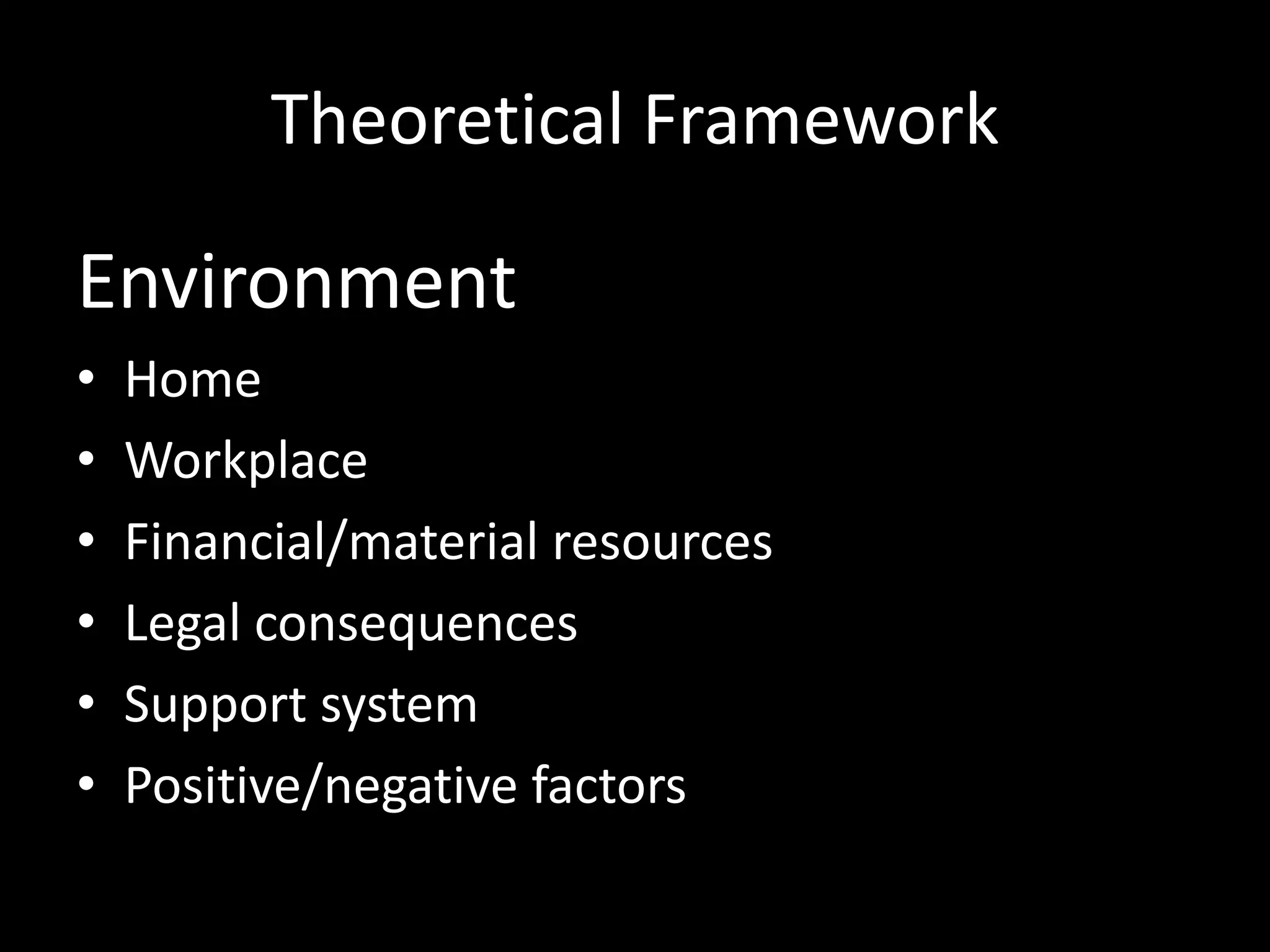 Theoretical FrameworkEnvironmentHomeWorkplaceFinancial/material resourcesLegal consequencesSupport systemPositive/negative factors