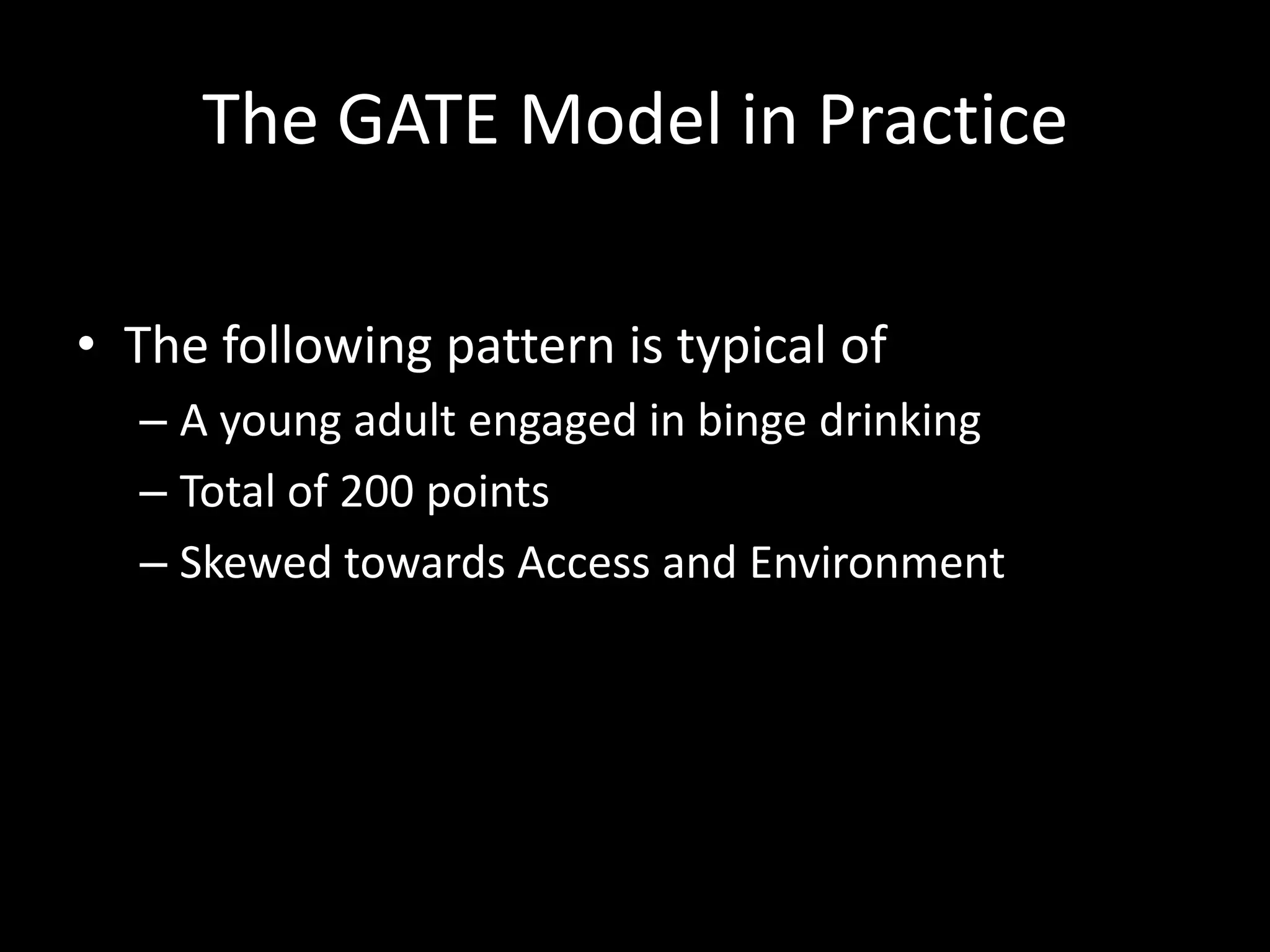 The GATE Model in PracticeThe following pattern is typical of A young adult engaged in binge drinkingTotal of 200 pointsSkewed towards Access and Environment 
