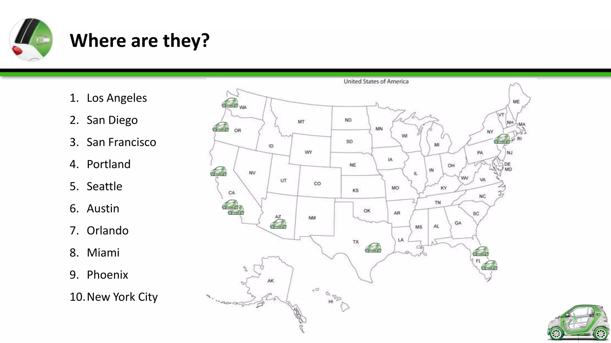 Where are they?

1. Los Angeles
2. San Diego
3. San Francisco
4. Portland
5. Seattle
6. Austin
7. Orlando
8. Miami
9. Phoenix
10.New York City
 