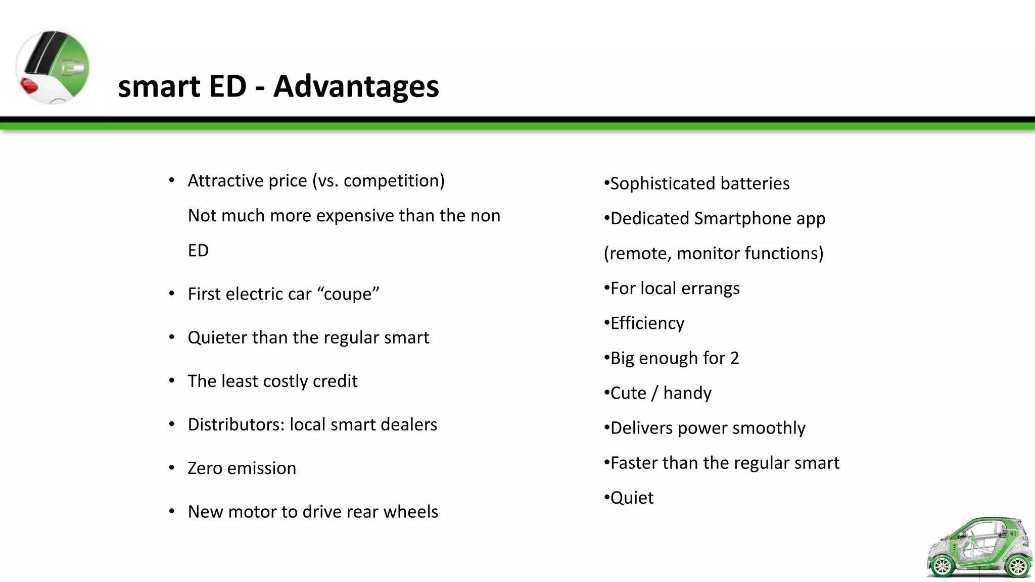 smart ED - Advantages

   • Attractive price (vs. competition)     •Sophisticated batteries
     Not much more expensive than the non   •Dedicated Smartphone app
     ED                                     (remote, monitor functions)

   • First electric car “coupe”             •For local errangs
                                            •Efficiency
   • Quieter than the regular smart
                                            •Big enough for 2
   • The least costly credit
                                            •Cute / handy
   • Distributors: local smart dealers      •Delivers power smoothly

   • Zero emission                          •Faster than the regular smart
                                            •Quiet
   • New motor to drive rear wheels
 