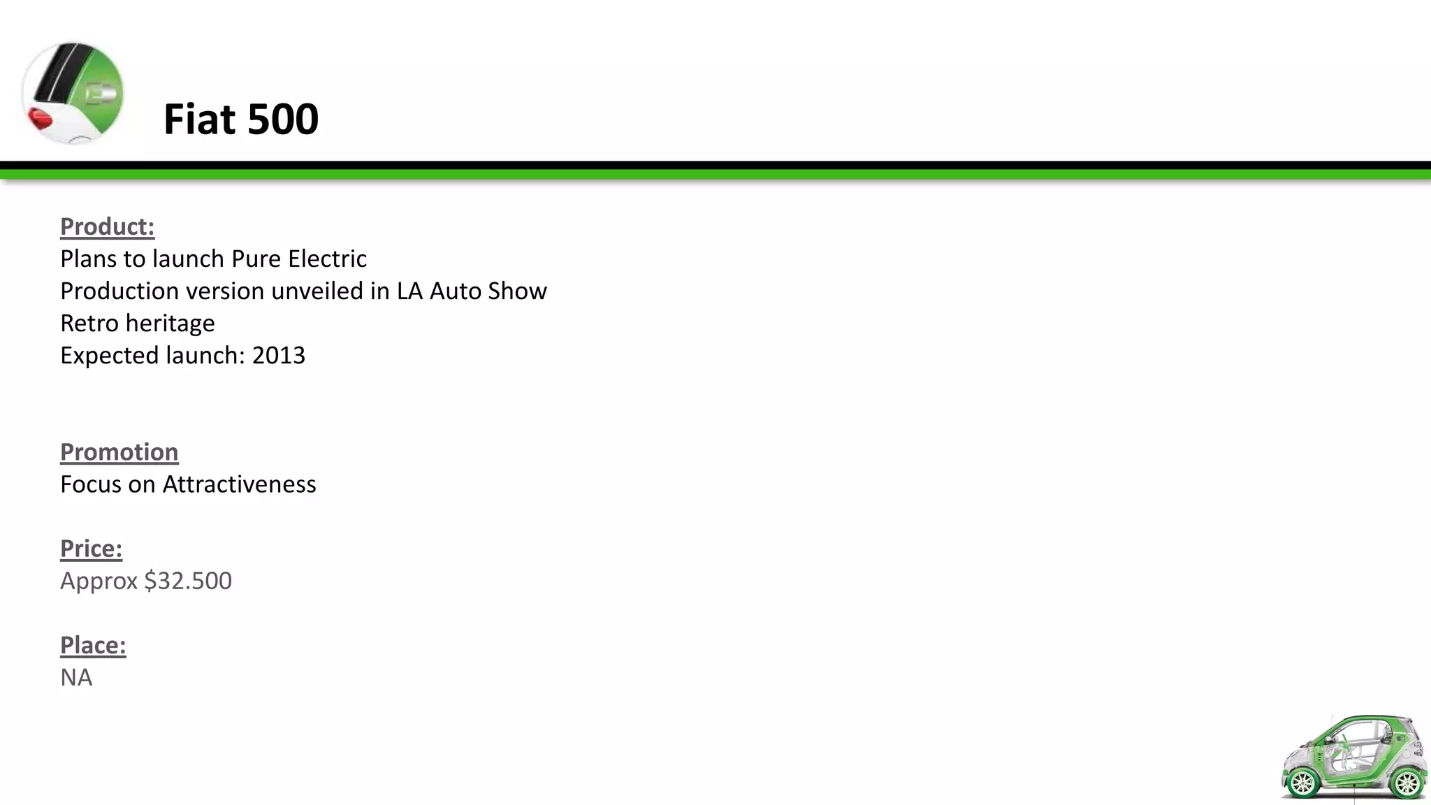 Fiat 500

Product:
Plans to launch Pure Electric
Production version unveiled in LA Auto Show
Retro heritage
Expected launch: 2013


Promotion
Focus on Attractiveness

Price:
Approx $32.500

Place:
NA
 