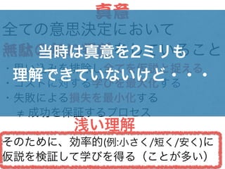 全ての意思決定において
無駄の無い判断をしていること
・思い込みを排除し全てを仮説と捉える
・コストに対する学びを最大化する
・失敗による損失を最小化する
  成功を保証するプロセス
!
そのために、効率的(例:小さく/短く/安く)に
仮説を検証して学びを得る（ことが多い）
真意
当時は真意を2ミリも
理解できていないけど・・・
浅い理解
 