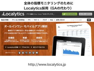 http://www.localytics.jp
全体の指標モニタリングのために
Localytics採用（GAの代わり）
 