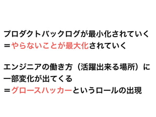 プロダクトバックログが最小化されていく
＝やらないことが最大化されていく
エンジニアの働き方（活躍出来る場所）に
一部変化が出てくる
＝グロースハッカーというロールの出現
 