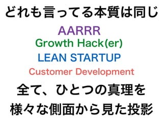 Growth Hack(er)
AARRR
LEAN STARTUP
Customer Development
全て、ひとつの真理を
様々な側面から見た投影
どれも言ってる本質は同じ
 