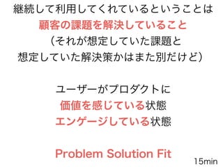 顧客発見 顧客実証 顧客開拓 組織構築
Problem
Solution
Fit
Product
Market
Fit
Pivot
Scaling
 
