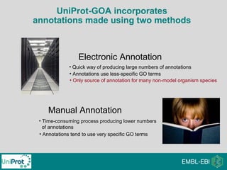 Electronic Annotation
Manual Annotation
UniProt-GOA incorporates
annotations made using two methods
• Quick way of producing large numbers of annotations
• Annotations use less-specific GO terms
• Time-consuming process producing lower numbers
of annotations
• Annotations tend to use very specific GO terms
• Only source of annotation for many non-model organism species
 
