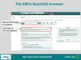 http://www.ebi.ac.uk/QuickGO
The EBI's QuickGO browser
Search GO terms
or proteins
Find sets of
GO annotations
 