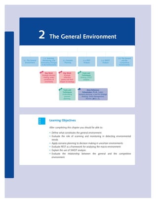 2
2.1 The General
Environment

The General Environment

2.2 Scanning,
Monitoring, and
Forecasting Changes
in the Environment

Key Work
Strategic decision
making under
conditions of
uncertainty

2.3 Scenario
Planning

Key Work
Strategic
inflection
points and their
impact on strategy

Tools and
Techniques
Undertaking
scenario
planning

2.4 PEST
Analysis

2.5 SWOT
Analysis

2.6 The General
and the
Competitive
Environments

Tools and
Techniques
Writing a PEST
analysis

➜

Main Reference
Schoemaker, P.J.H. (1995).
Scenario planning: a tool for strategic
thinking. Sloan Management
Review, 36(2), 25.

Learning Objectives
After completing this chapter you should be able to:
• Define what constitutes the general environment
• Evaluate the role of scanning and monitoring in detecting environmental
trends
• Apply scenario planning to decision making in uncertain environments
• Evaluate PEST as a framework for analysing the macro-environment
• Explain the use of SWOT analysis
• Evaluate the relationship between the general and the competitive
environment

9780199581610_035_063_CH02.indd 36

2/1/11 11:03:51 AM

 