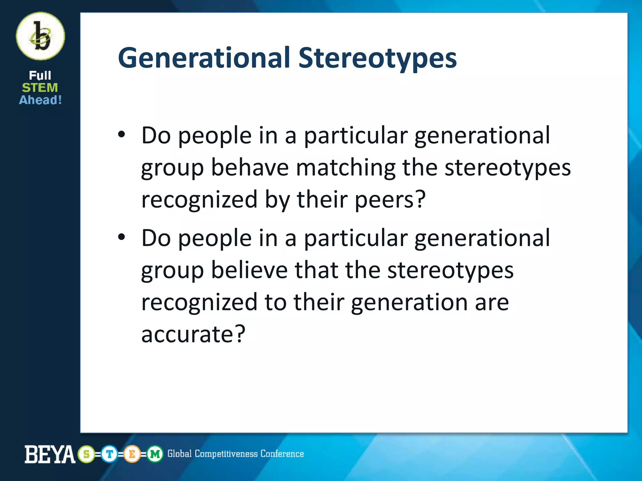 Generational Stereotypes
• Do people in a particular generational
group behave matching the stereotypes
recognized by their peers?
• Do people in a particular generational
group believe that the stereotypes
recognized to their generation are
accurate?
 