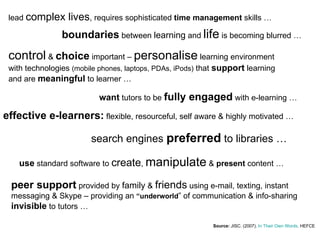 Source:  JISC . (2007).  In Their Own Words . HEFCE  lead  complex lives , requires sophisticated  time management  skills … boundaries  between  learning  and  life  is becoming blurred … control  &  choice  important –  personalise  learning environment with technologies  (mobile phones, laptops, PDAs, iPods)  that  support  learning and are  meaningful  to learner … want  tutors to be  fully engaged  with e-learning … effective e-learners:  flexible, resourceful, self aware & highly motivated … use  standard software to  create ,  manipulate  &  present  content … search engines  preferred  to libraries … peer support  provided by  family  &  friends  using e-mail, texting, instant messaging & Skype – providing an  “underworld ” of communication & info-sharing  invisible  to tutors … 
