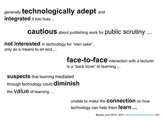 Source:  Ipsos MORI . (2007).  Student Expectations Study . JISC.  generally  technologically adept   and  integrated  it into lives ... cautious  about publishing work for  public scrutiny ... not interested  in technology for “own sake”, only as a means to an end ... face-to-face  interaction with a lecturer is a “back bone” to learning ... unable to make the  connection  on how technology can help them  learn ... suspects  that learning  mediated  through technology could  diminish  the  value  of learning … 
