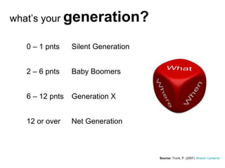 what’s your  generation? Source:  Trunk , P. (2007).  Brazen Careerist 0 – 1 pnts Silent Generation 2 – 6 pnts Baby Boomers 6 – 12 pnts Generation X 12 or over Net Generation 