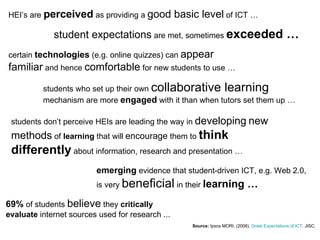 Source:  Ipsos MORI . (2008).  Great Expectations of ICT . JISC.  HEI’s are  perceived  as providing a  good basic level  ...
