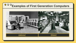 Examples of First Generation Computers
UNIVAC ENIAC
 