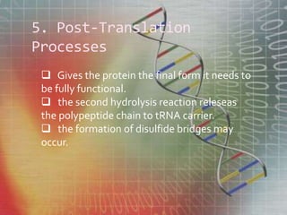 5. Post-Translation
Processes
 Gives the protein the final form it needs to
be fully functional.
 the second hydrolysis reaction releseas
the polypeptide chain to tRNA carrier.
 the formation of disulfide bridges may
occur.
 