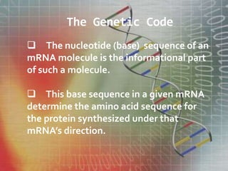 The Genetic Code
 The nucleotide (base) sequence of an
mRNA molecule is the informational part
of such a molecule.
 This base sequence in a given mRNA
determine the amino acid sequence for
the protein synthesized under that
mRNA’s direction.
 