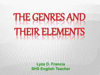 THE GENRES AND
THEIR ELEMENTS
Lyza D. Francia
SHS English Teacher
 