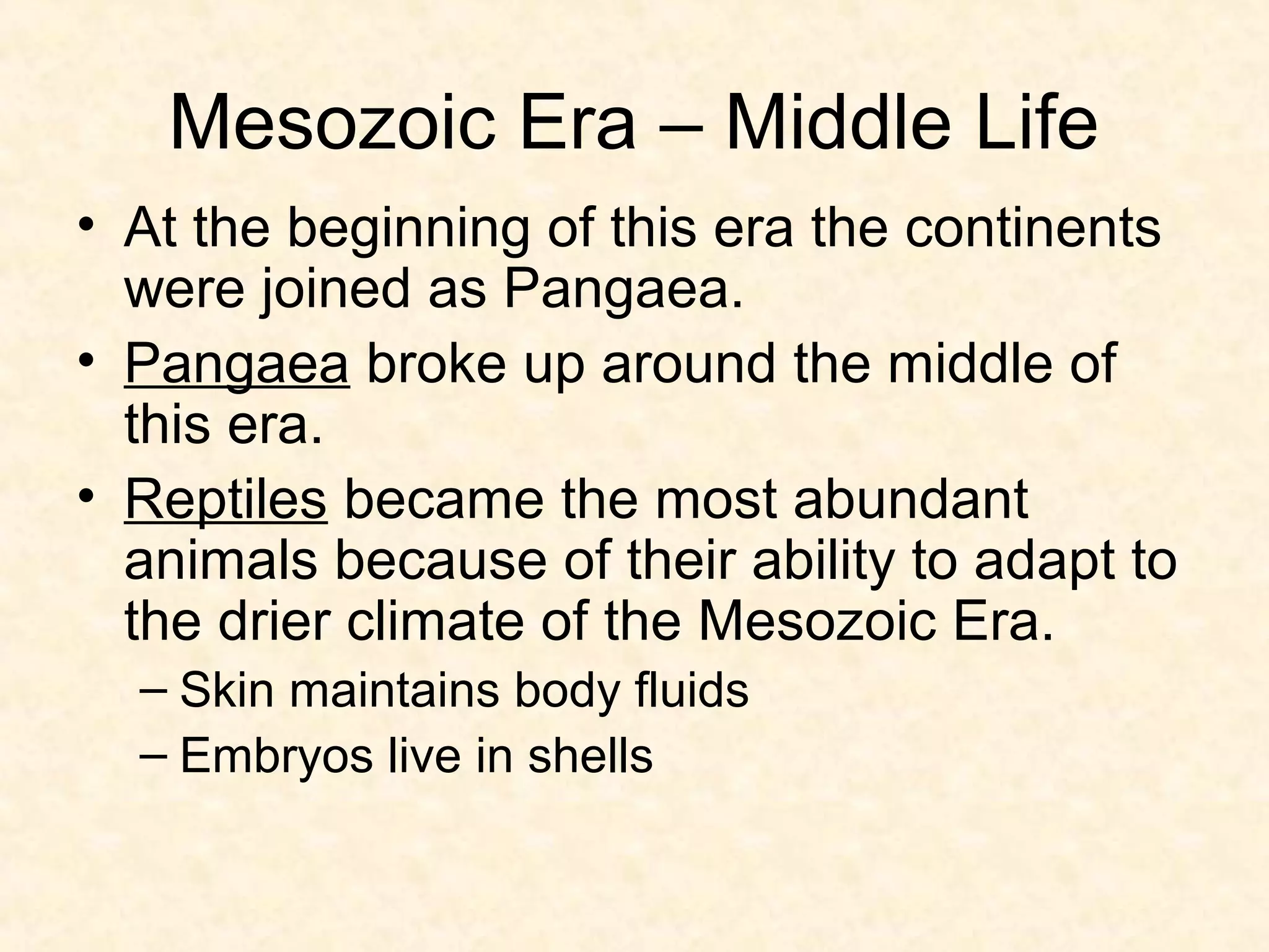 Mesozoic Era – Middle Life
• At the beginning of this era the continents
  were joined as Pangaea.
• Pangaea broke up around the middle of
  this era.
• Reptiles became the most abundant
  animals because of their ability to adapt to
  the drier climate of the Mesozoic Era.
  – Skin maintains body fluids
  – Embryos live in shells
 