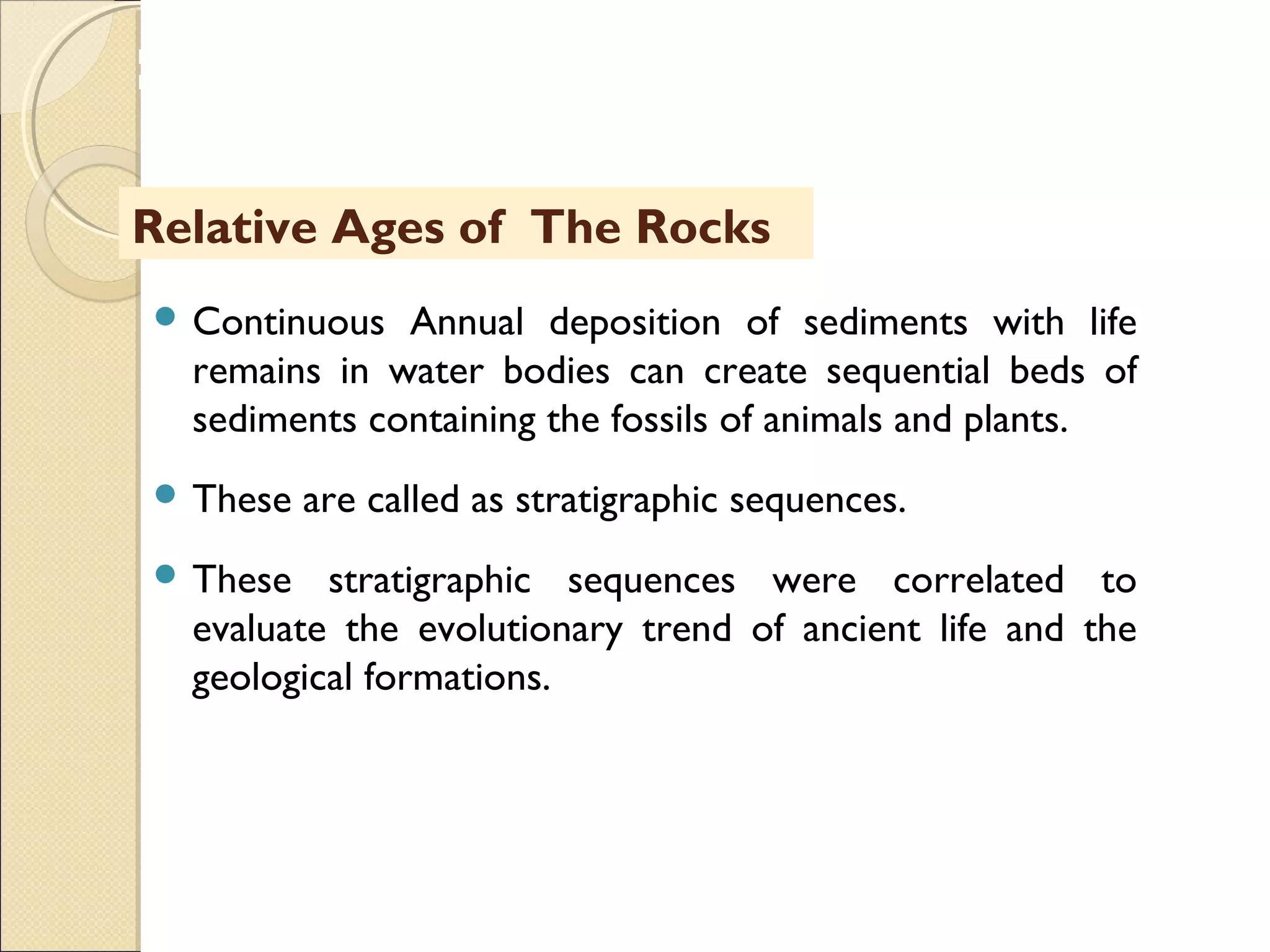 MHRD
NME-ICT
 Continuous Annual deposition of sediments with life
remains in water bodies can create sequential beds of
sediments containing the fossils of animals and plants.
 These are called as stratigraphic sequences.
 These stratigraphic sequences were correlated to
evaluate the evolutionary trend of ancient life and the
geological formations.
Relative Ages of The Rocks
 