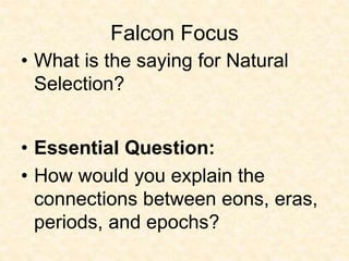 Falcon Focus
• What is the saying for Natural
Selection?
• Essential Question:
• How would you explain the
connections between eons, eras,
periods, and epochs?
 