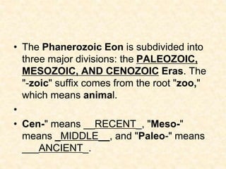 • The Phanerozoic Eon is subdivided into
three major divisions: the PALEOZOIC,
MESOZOIC, AND CENOZOIC Eras. The
"-zoic" su...