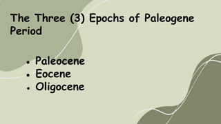 The Three (3) Epochs of Paleogene
Period
● Paleocene
● Eocene
● Oligocene
 
