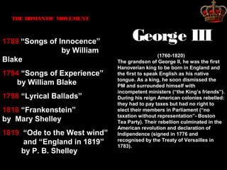 THE ROMANTIC MOVEMENT

1789 “Songs of Innocence”
by William
Blake
1794 “Songs of Experience”
by William Blake
1798 “Lyrical Ballads”
1818 “Frankenstein”
by Mary Shelley
1819 “Ode to the West wind”
and “England in 1819”
by P. B. Shelley

George III
(1760-1820)
The grandson of George II, he was the first
Hanoverian king to be born in England and
the first to speak English as his native
tongue. As a king, he soon dismissed the
PM and surrounded himself with
incompetent ministers (“the King’s friends”).
During his reign American colonies rebelled:
they had to pay taxes but had no right to
elect their members in Parliament (“no
taxation without representation”- Boston
Tea Party). Their rebellion culminated in the
American revolution and declaration of
Indipendence (signed in 1776 and
recognised by the Treaty of Versailles in
1783).

 