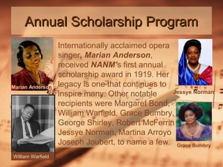 Annual Scholarship Program

Marian Anderson

William Warfield

Internationally acclaimed opera
singer, Marian Anderson,
received NANM’s first annual
scholarship award in 1919. Her
legacy is one that continues to
Jessye Norman
inspire many. Other notable
recipients were Margaret Bond,
William Warfield, Grace Bumbry,
George Shirley, Robert McFerrin
Jessye Norman, Martina Arroyo
Joseph Joubert, to name a few. Grace Bumbry

 