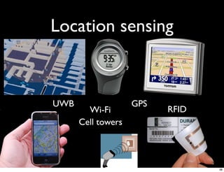 Location sensing



UWB                 GPS
        Wi-Fi             RFID
      Cell towers



                                 38
 