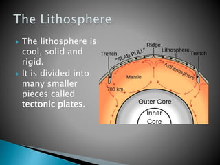  The lithosphere is
cool, solid and
rigid.
 It is divided into
many smaller
pieces called
tectonic plates.
 