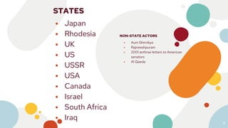 NON-STATE ACTORS
⦁ Aum Shinrikyo
⦁ Rajneeshpuram
⦁ 2001 anthrax letters to American
senators
⦁ Al Qaeda
STATES
⦁ Japan
⦁ Rhodesia
⦁ UK
⦁ US
⦁ USSR
⦁ USA
⦁ Canada
⦁ Israel
⦁ South Africa
⦁ Iraq
4
 