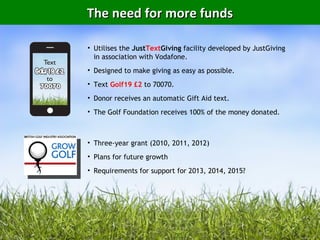 The need for more funds

• Utilises the JustTextGiving facility developed by JustGiving
  in association with Vodafone.
• Designed to make giving as easy as possible.
• Text Golf19 £2 to 70070.
• Donor receives an automatic Gift Aid text.
• The Golf Foundation receives 100% of the money donated.



• Three-year grant (2010, 2011, 2012)
• Plans for future growth
• Requirements for support for 2013, 2014, 2015?
 